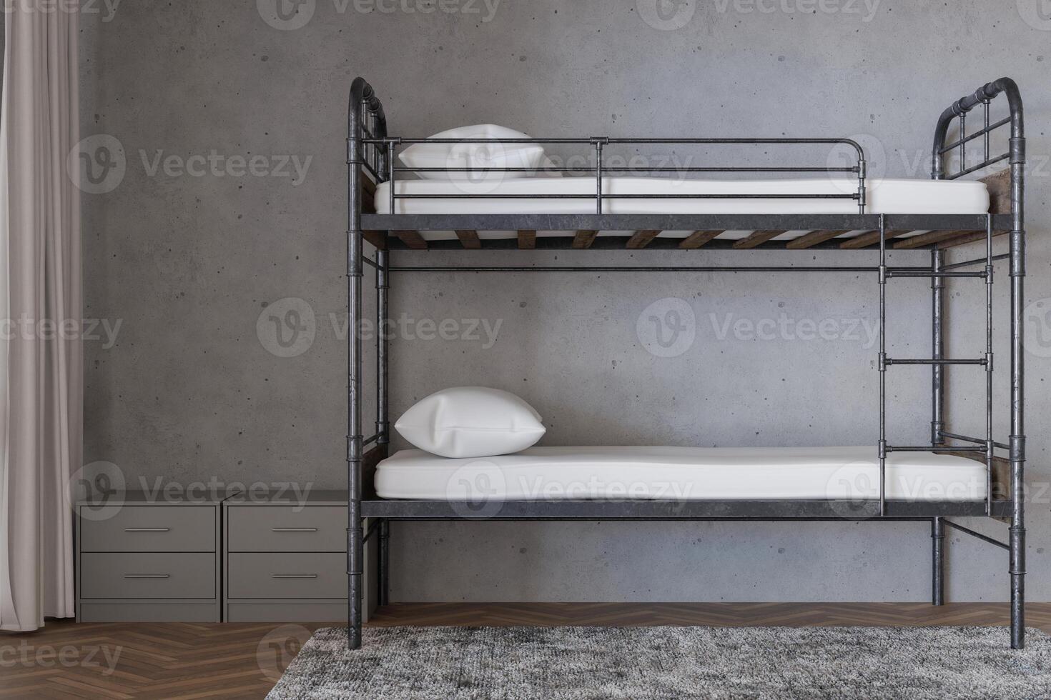 Bunk beds arranged in a stylish hostel interior, complemented by neutral walls and wooden flooring. A tidy and inviting atmosphere perfect for travelers seeking comfort and convenience photo