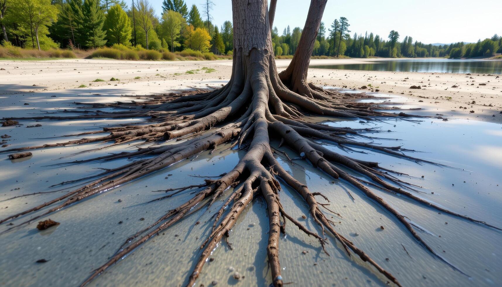 low tide revealing root systems beneath the trees. photo