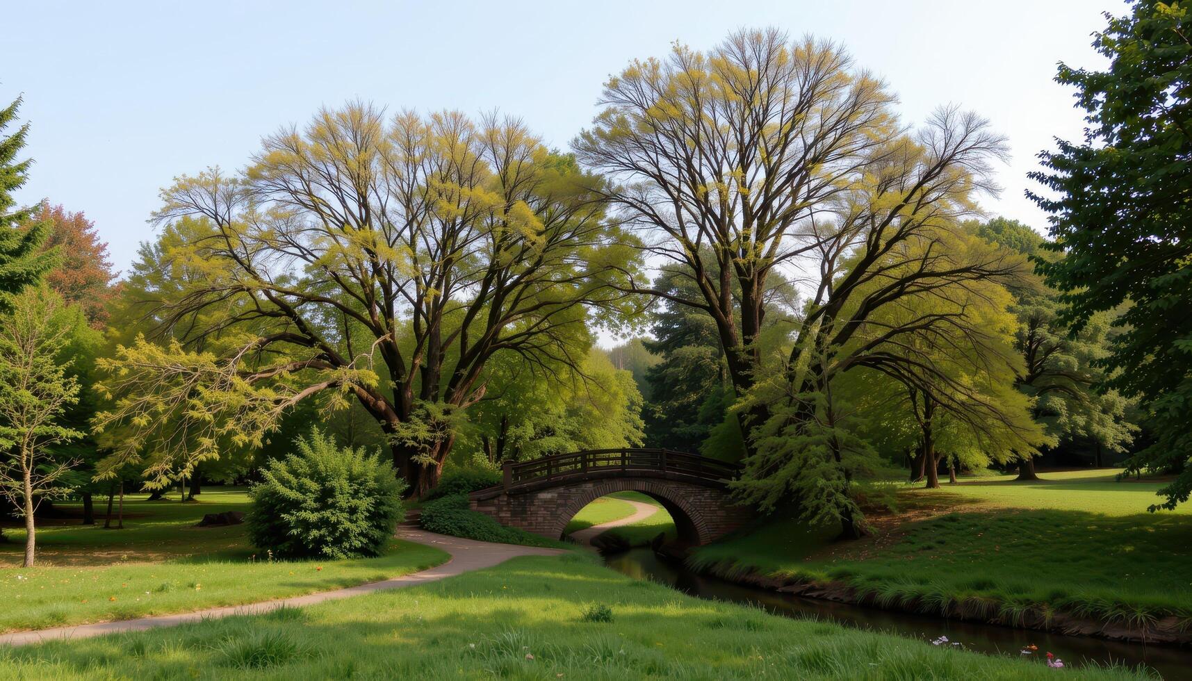 trees arching above a small woodland bridge. photo