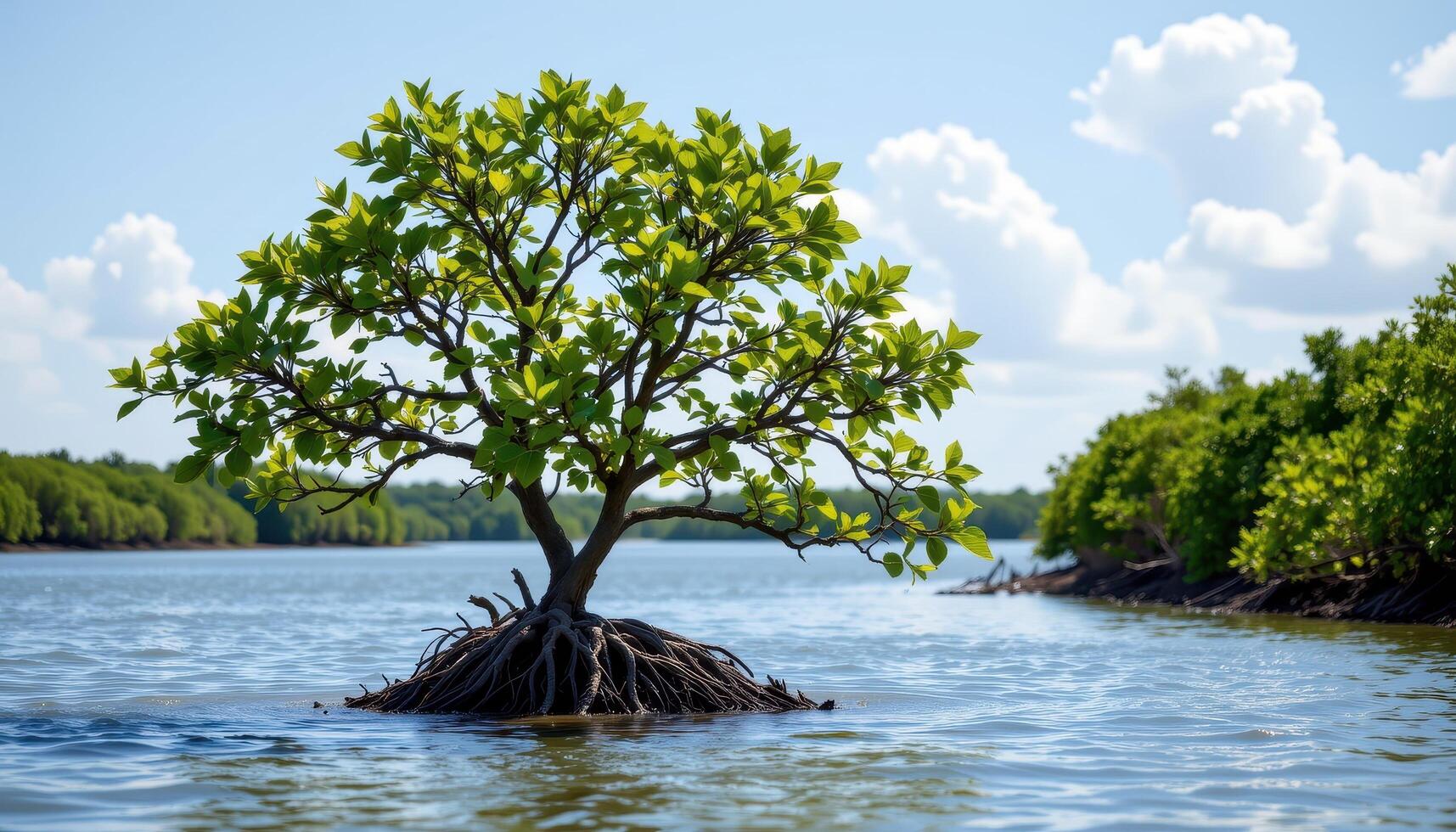a single mangrove tree standing isolated in shallow water. photo