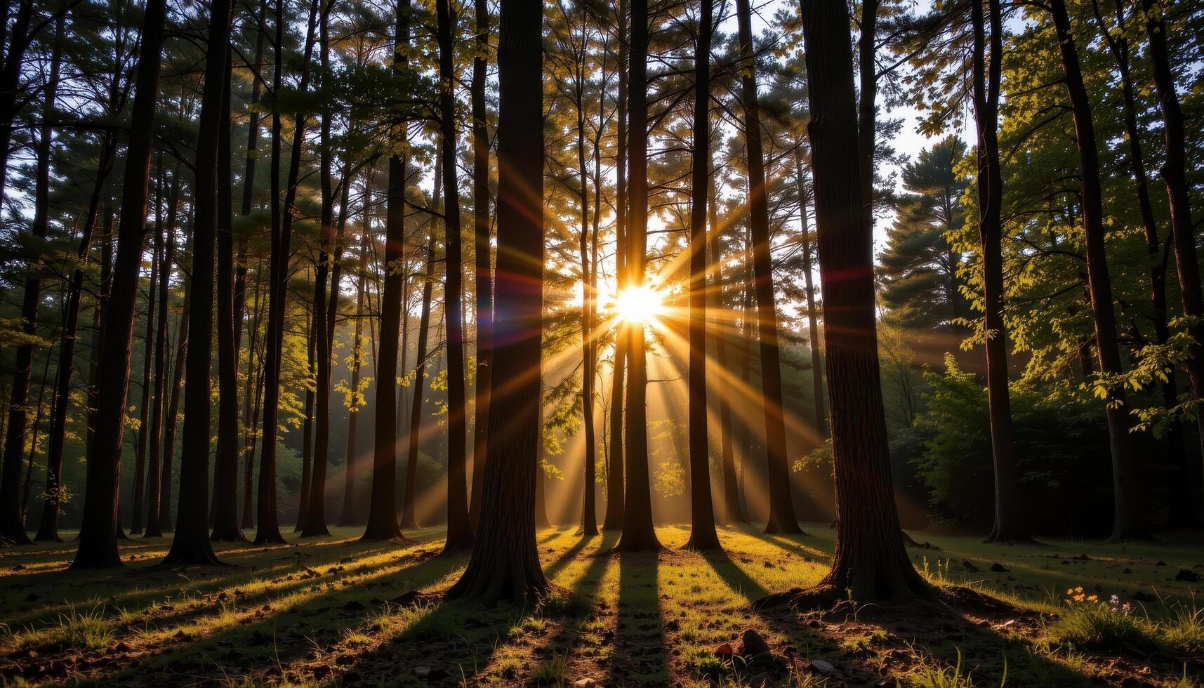 golden hour light streaming through tree trunks. photo