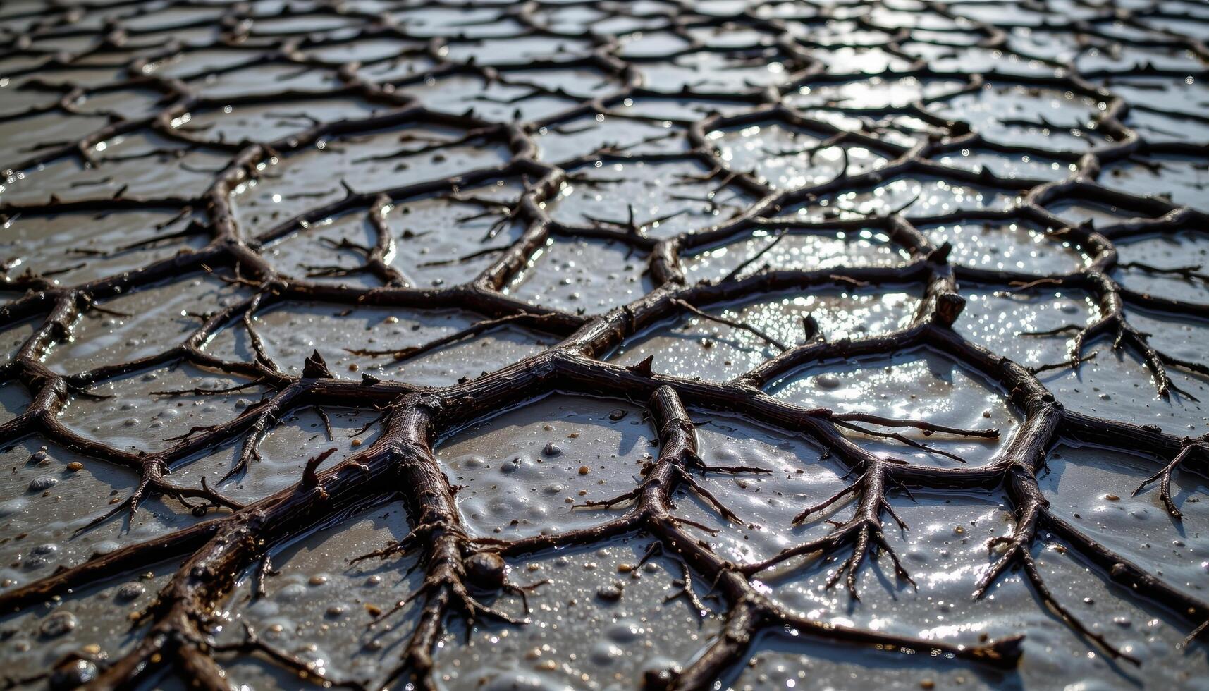 a network of interlocking roots across a tidal plain. photo