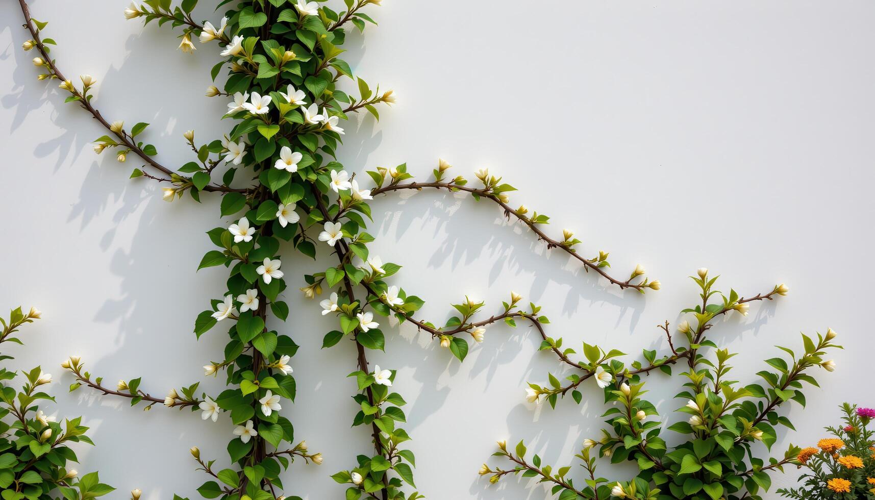 jasmine vines growing along a white stucco wall. photo