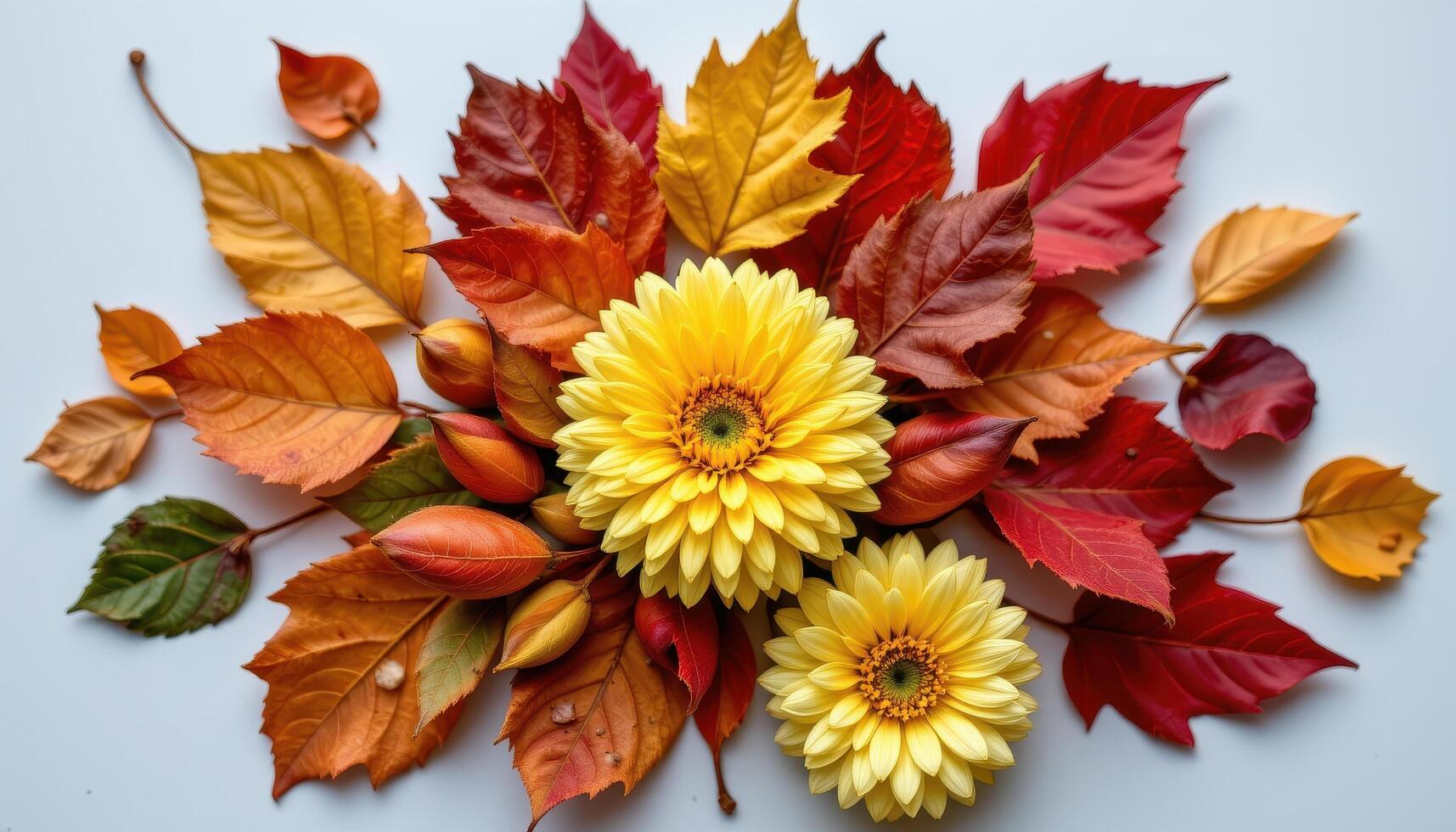 autumn leaves and chrysanthemums together in a still life. photo