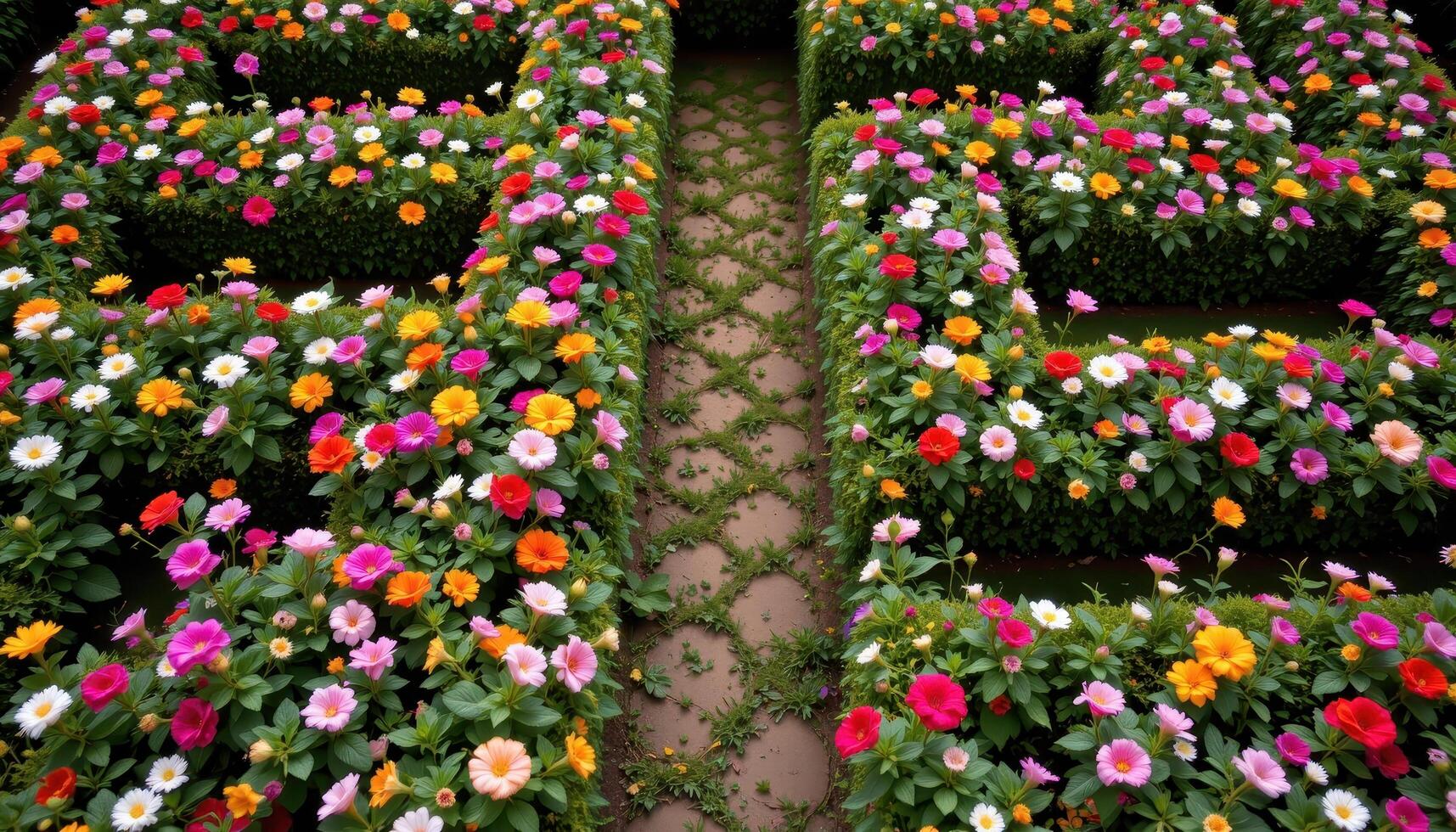 a garden maze of flowers viewed from above. photo