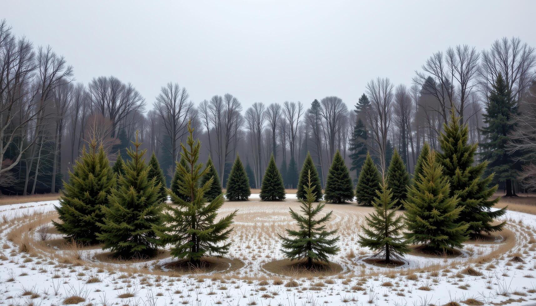 a circle of firs enclosing a frozen meadow. photo
