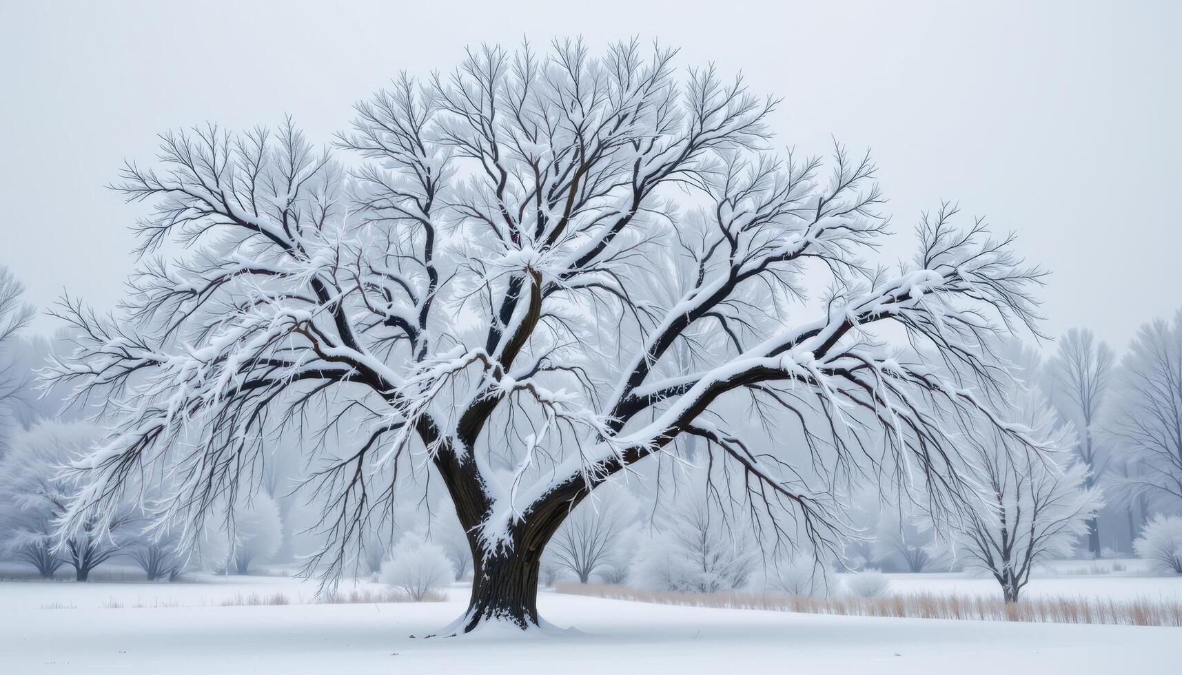 a white landscape with snow hanging from each limb. photo