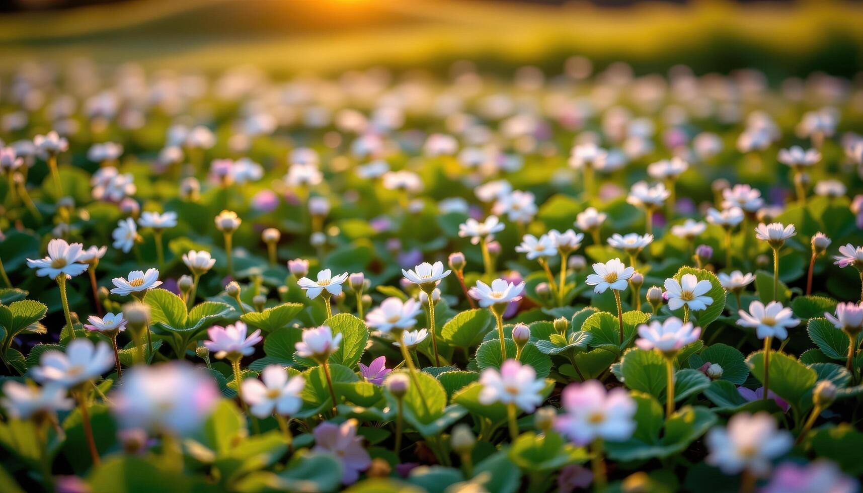 field of clover flowers under soft evening light. photo