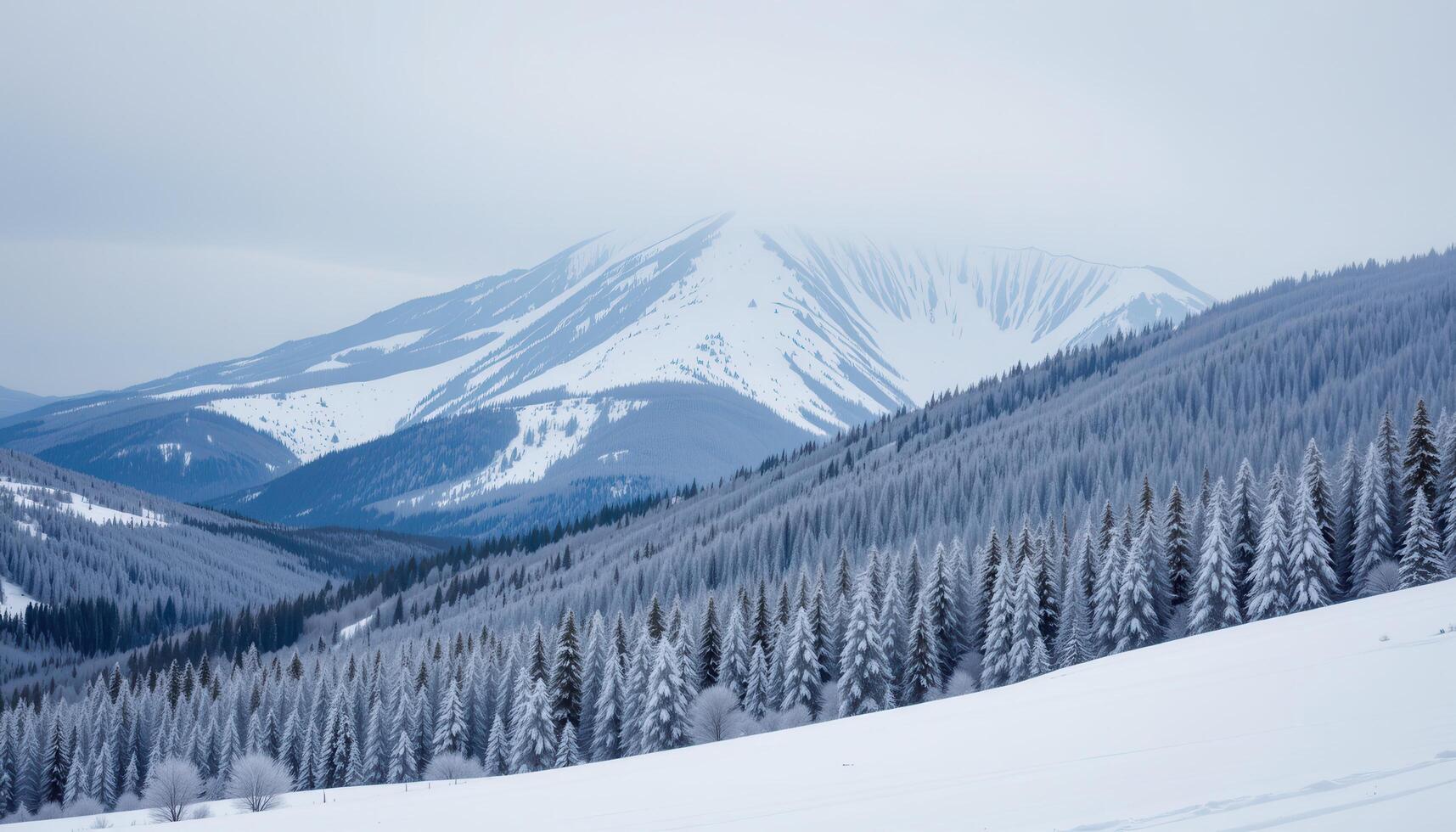 a mountain forest blanketed in thick white snow. photo