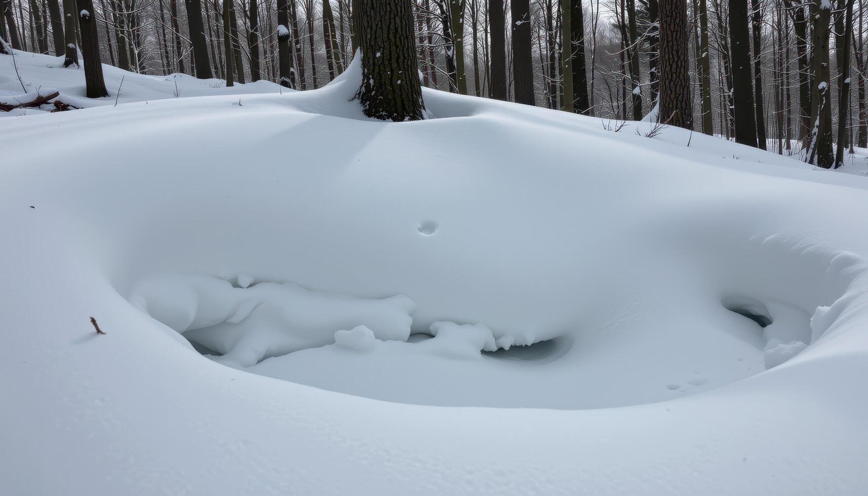 wind sculpted snowdrifts at the base of forest trees. photo