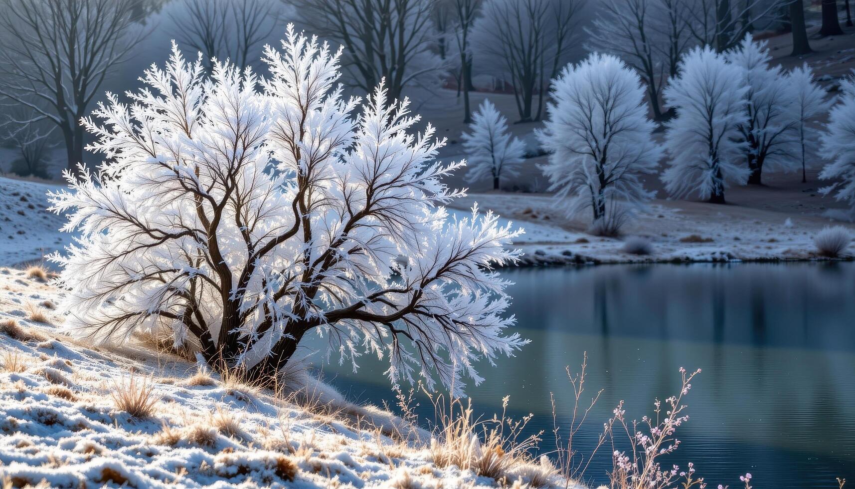 trees encased in frost beside a frozen pond. photo