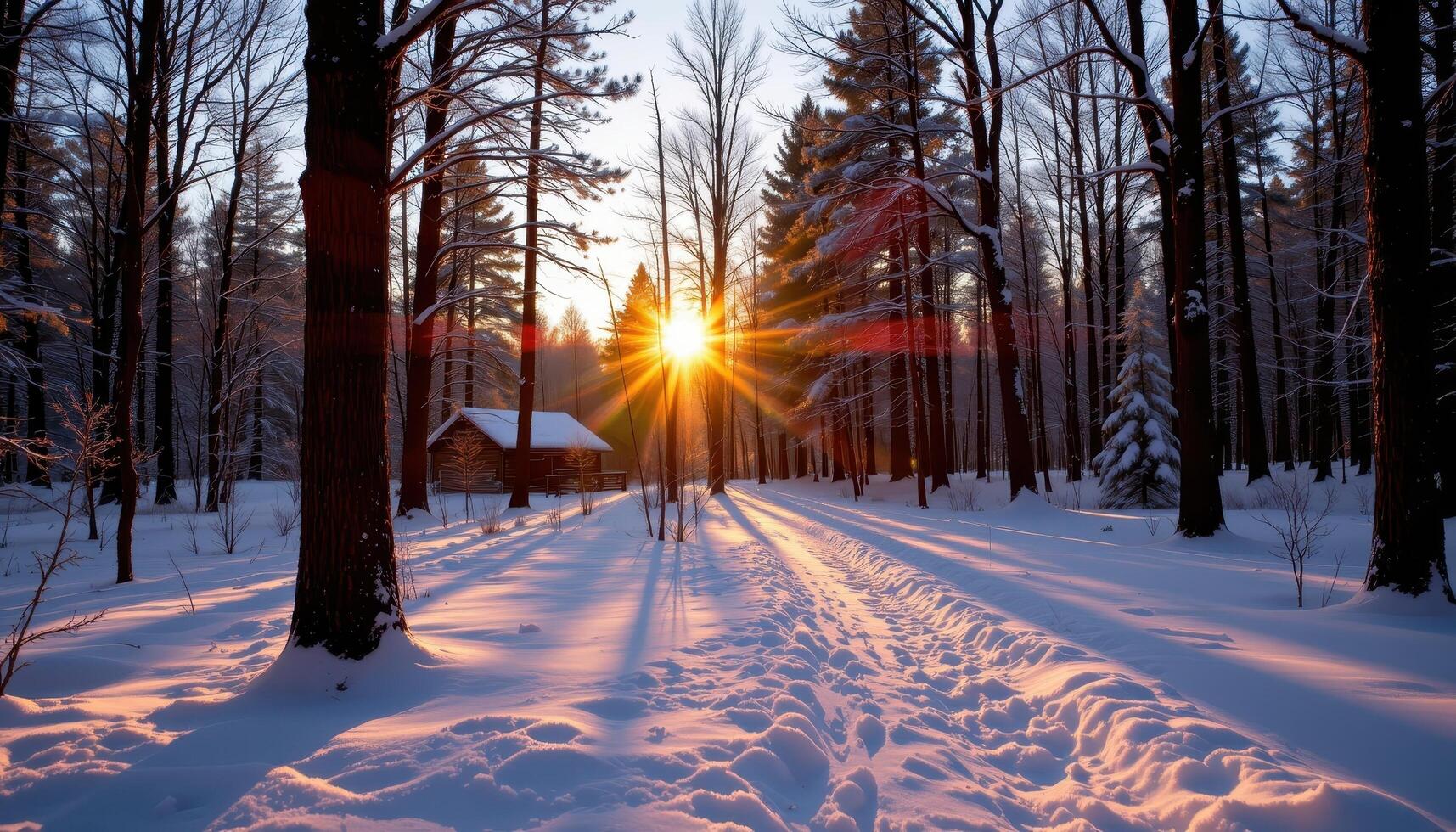 sunset casting long shadows on snowy forest ground. photo
