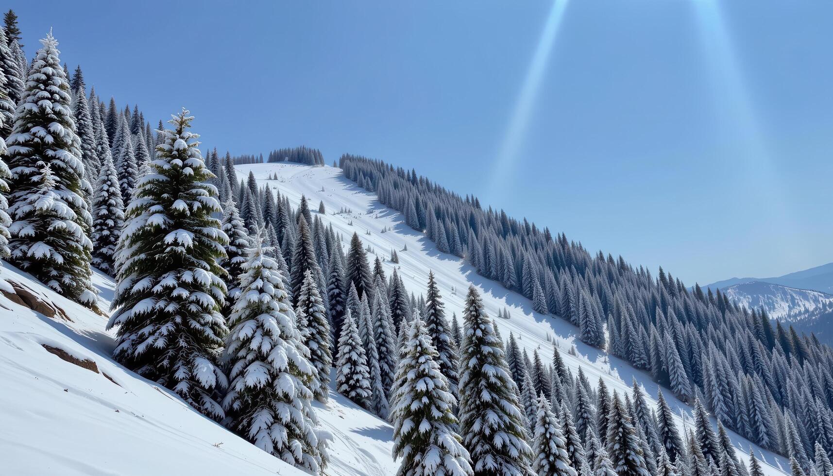 a steep slope with snow covered evergreens. photo