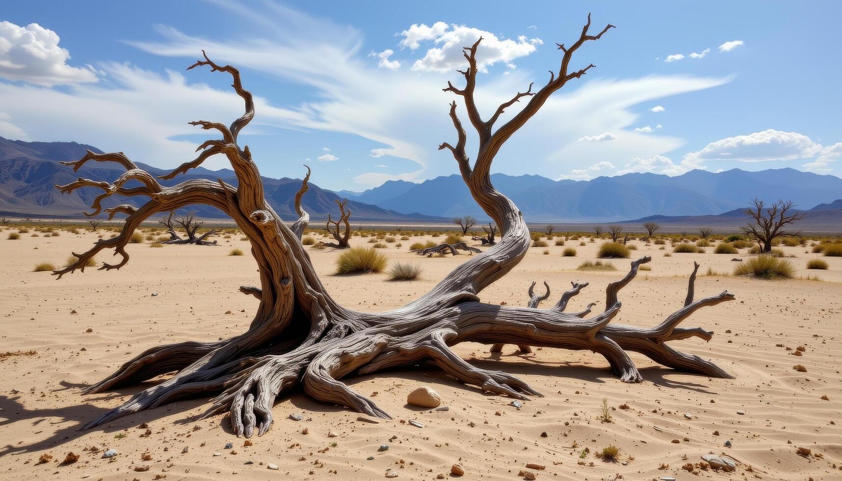 ancient petrified trees lying across a desert. photo