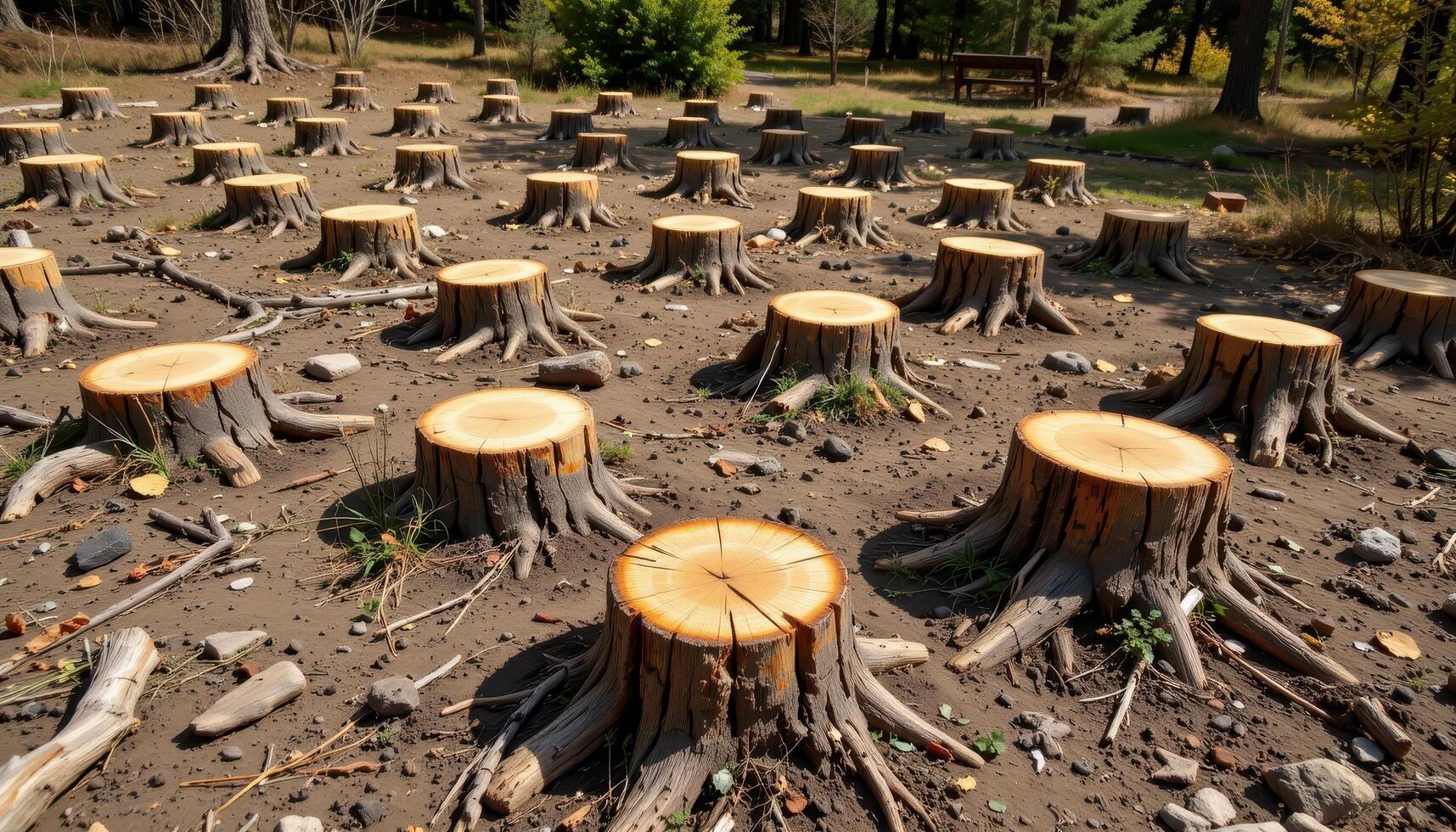 tree stumps arranged in patterns across a clearing. photo
