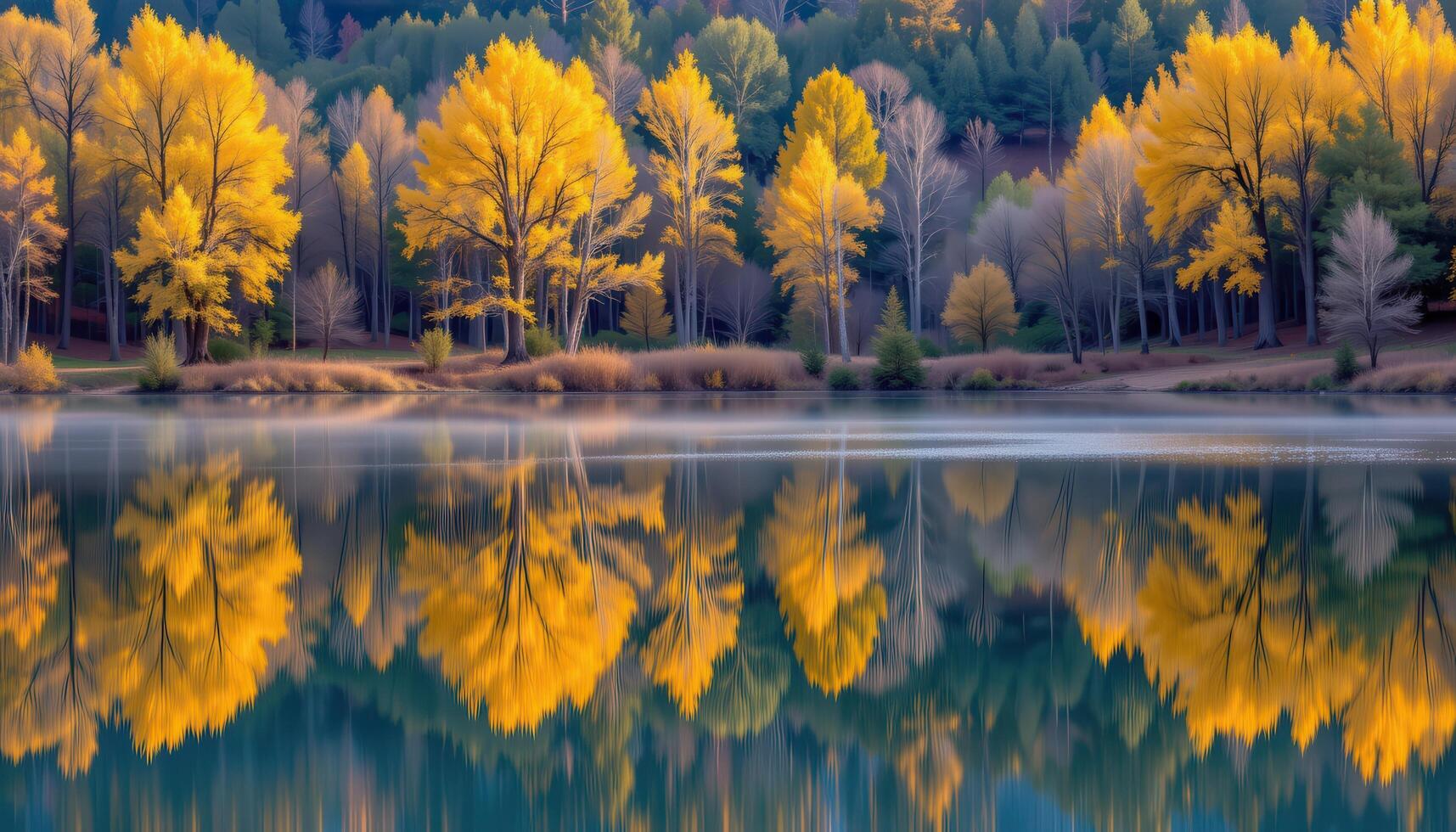 reflections of trees in a mirror like lake. photo