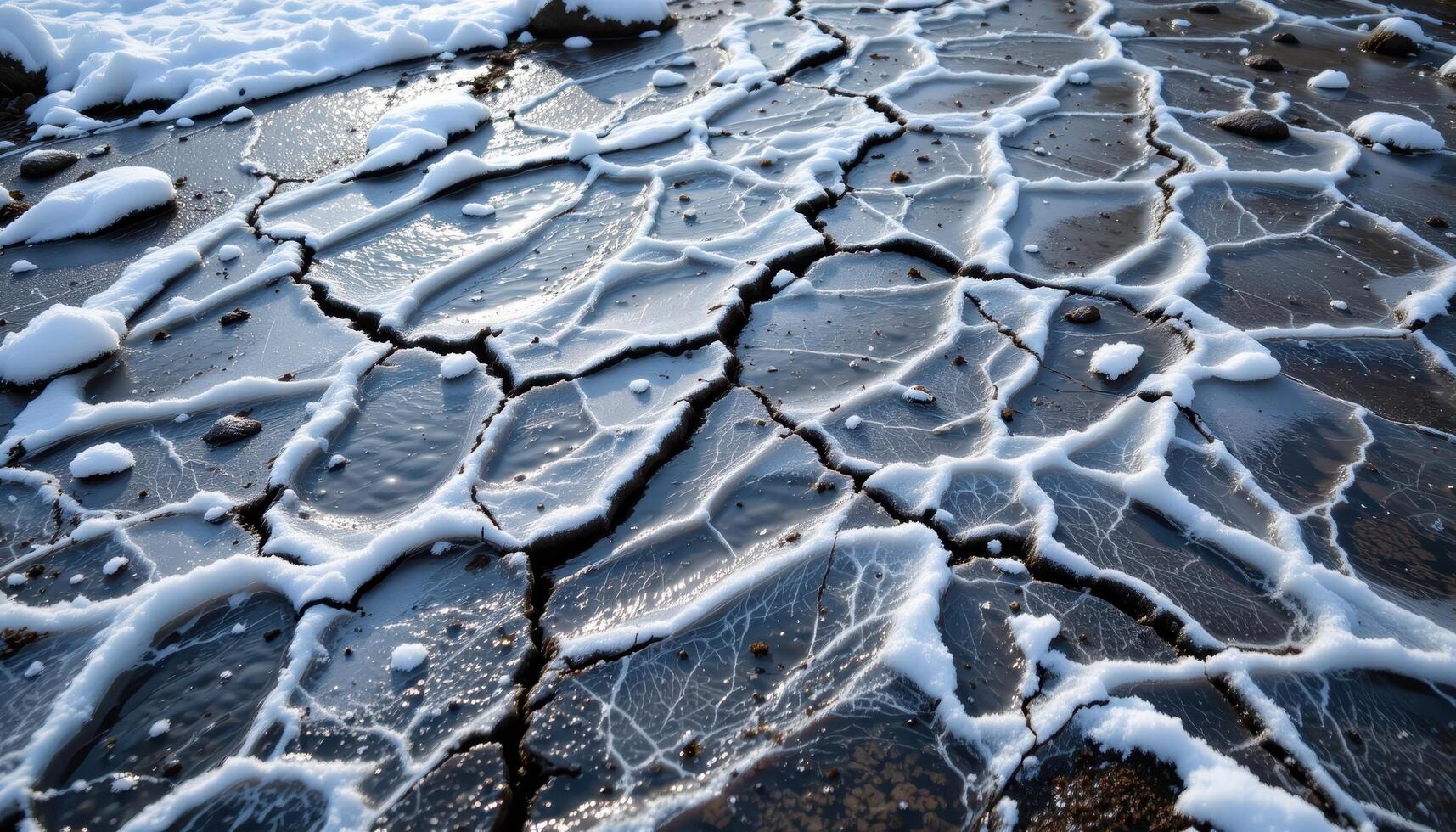 a frozen stream with cracks forming intricate patterns. photo