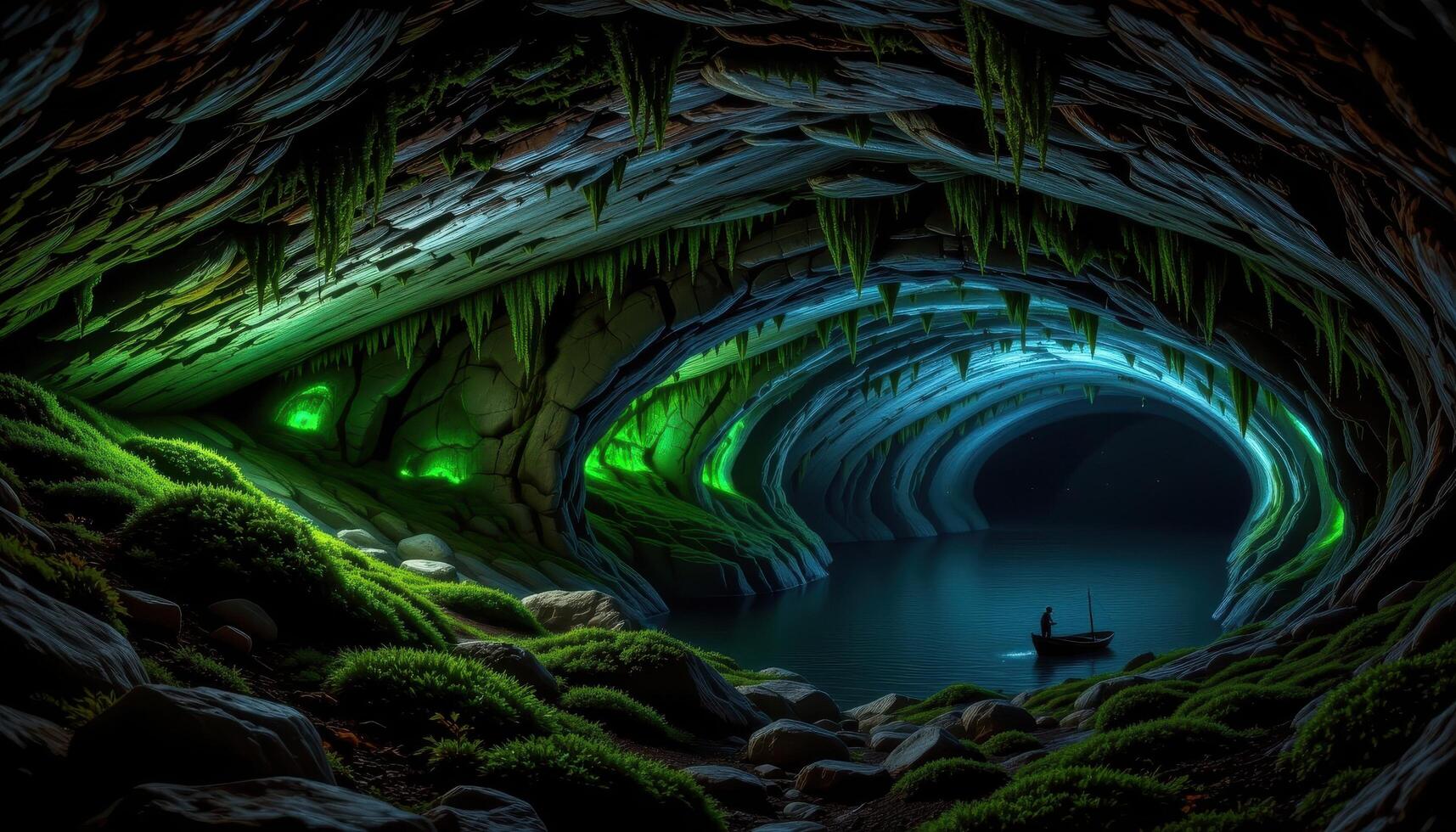 a glowing cave with bioluminescent moss on the walls. photo