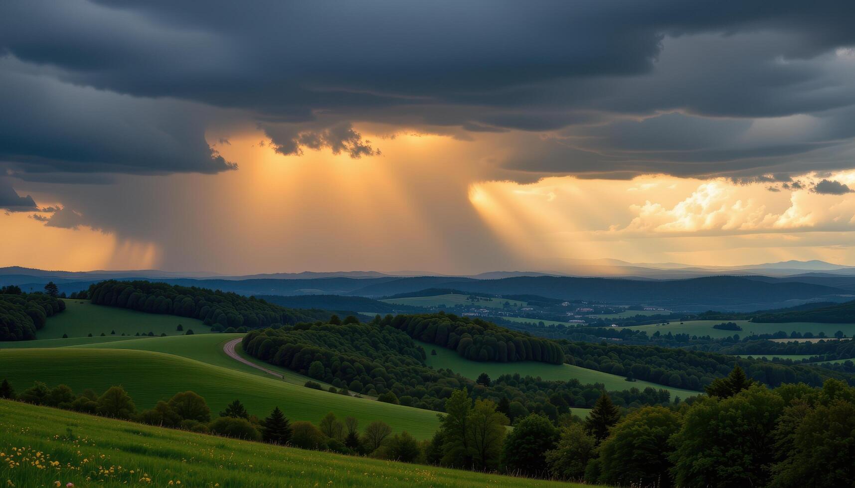a thunderstorm forming over rolling green hills. photo