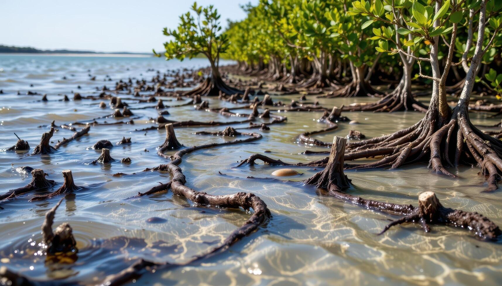 a maze of mangrove roots in low tide. photo