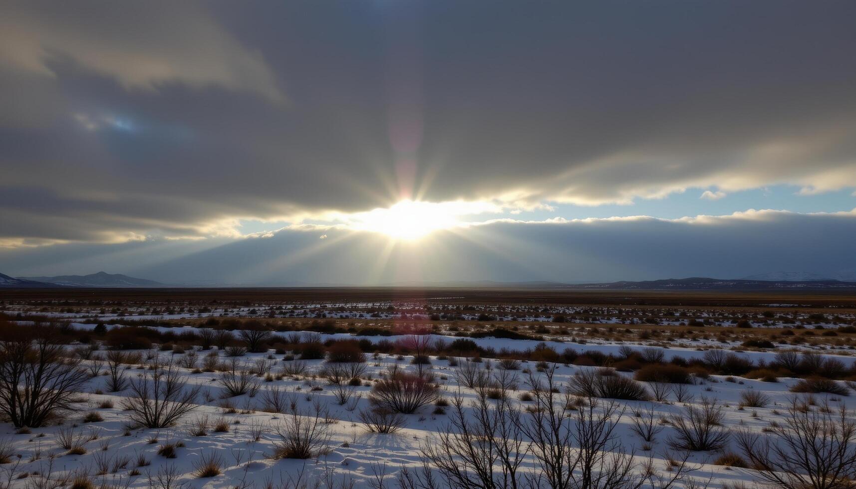 sunlight breaking through clouds over snowy tundra. photo