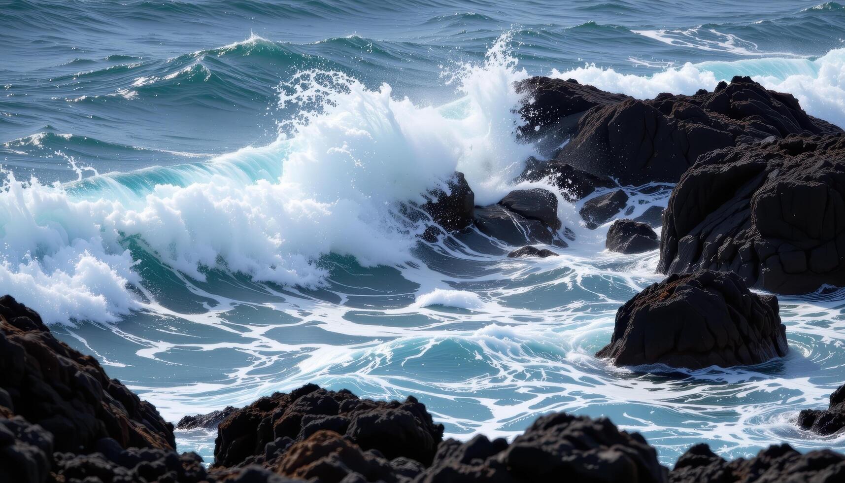 waves crashing against black volcanic rocks. photo