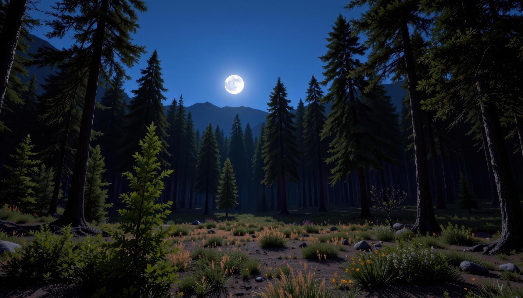 a clearing in a dense pine forest lit by moonlight. photo