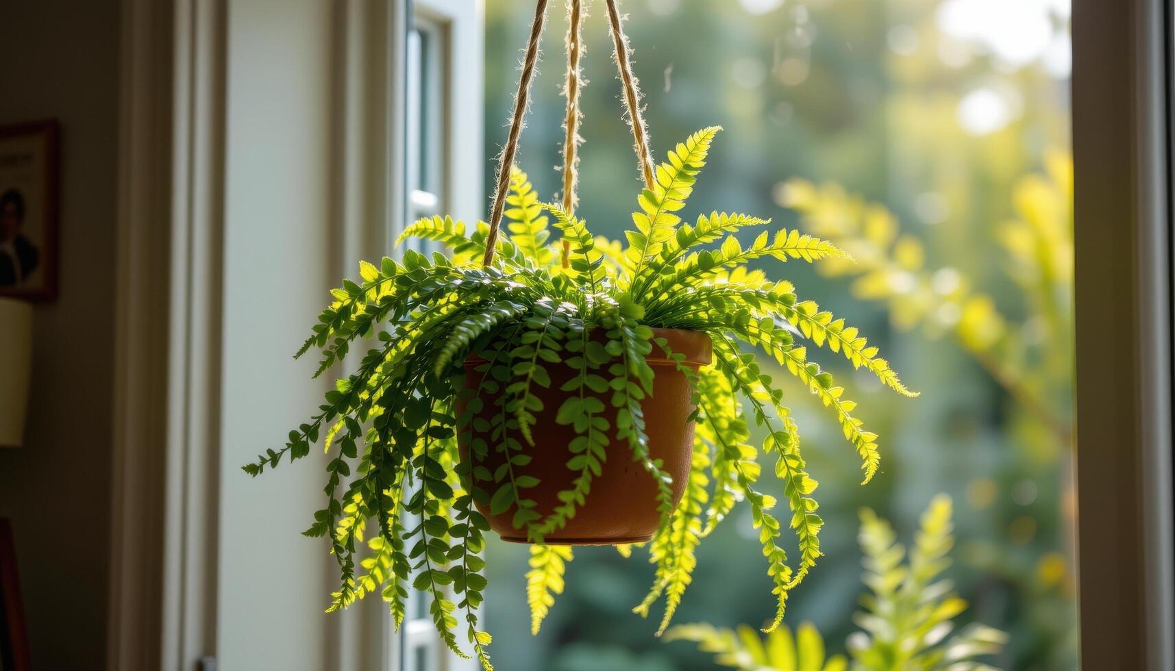 a hanging pot of ferns in soft morning light. photo