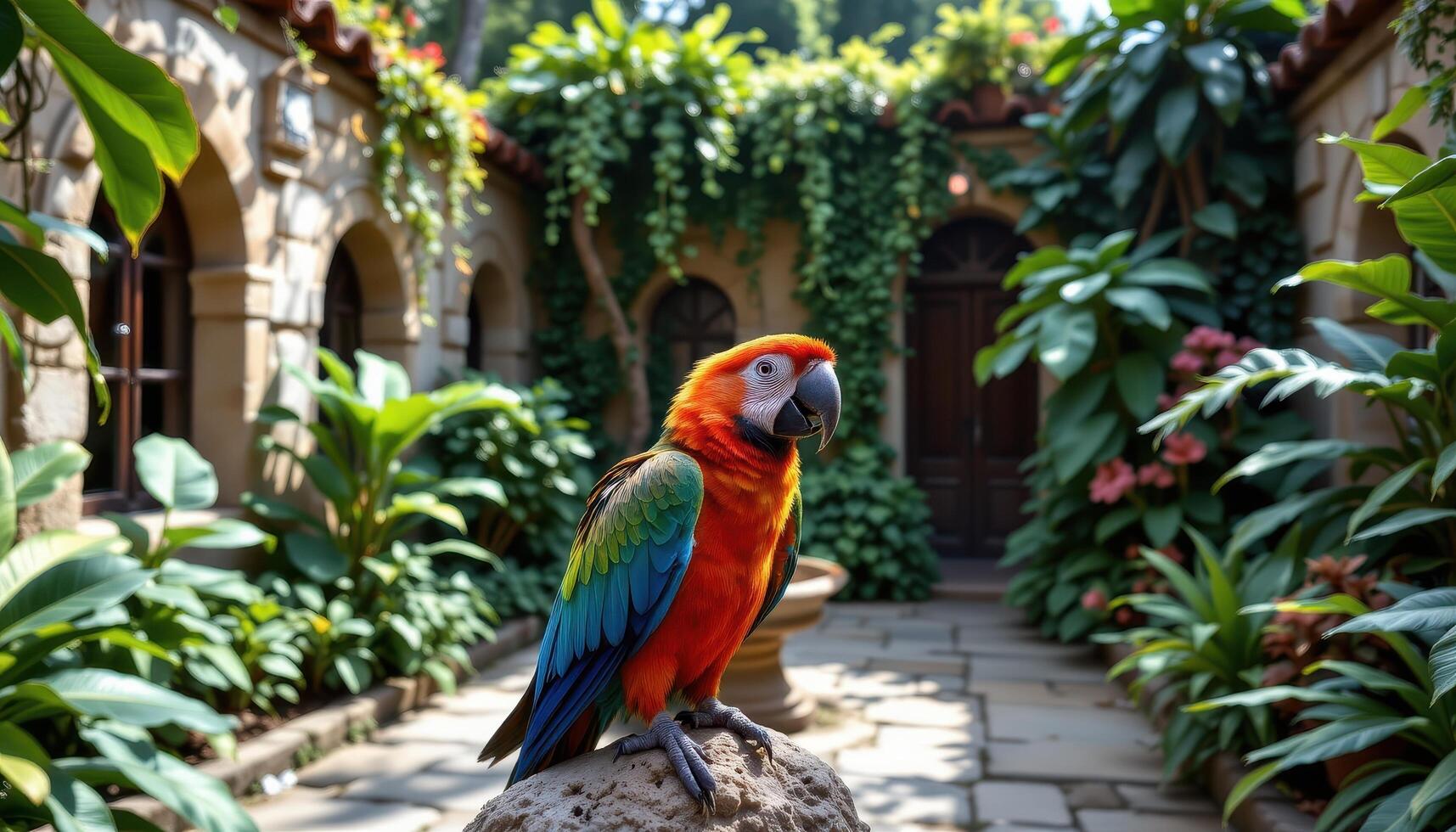 a parrot in a stone courtyard overgrown with jungle. photo