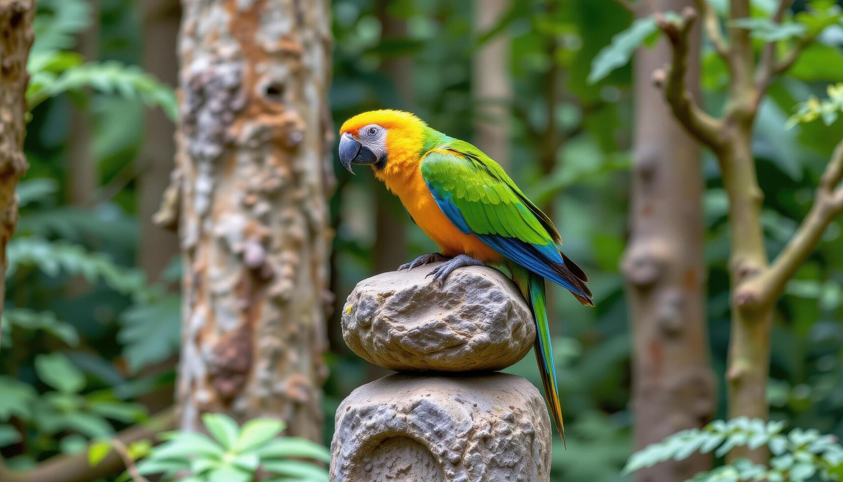 a parrot resting on a natural stone totem in the forest. photo
