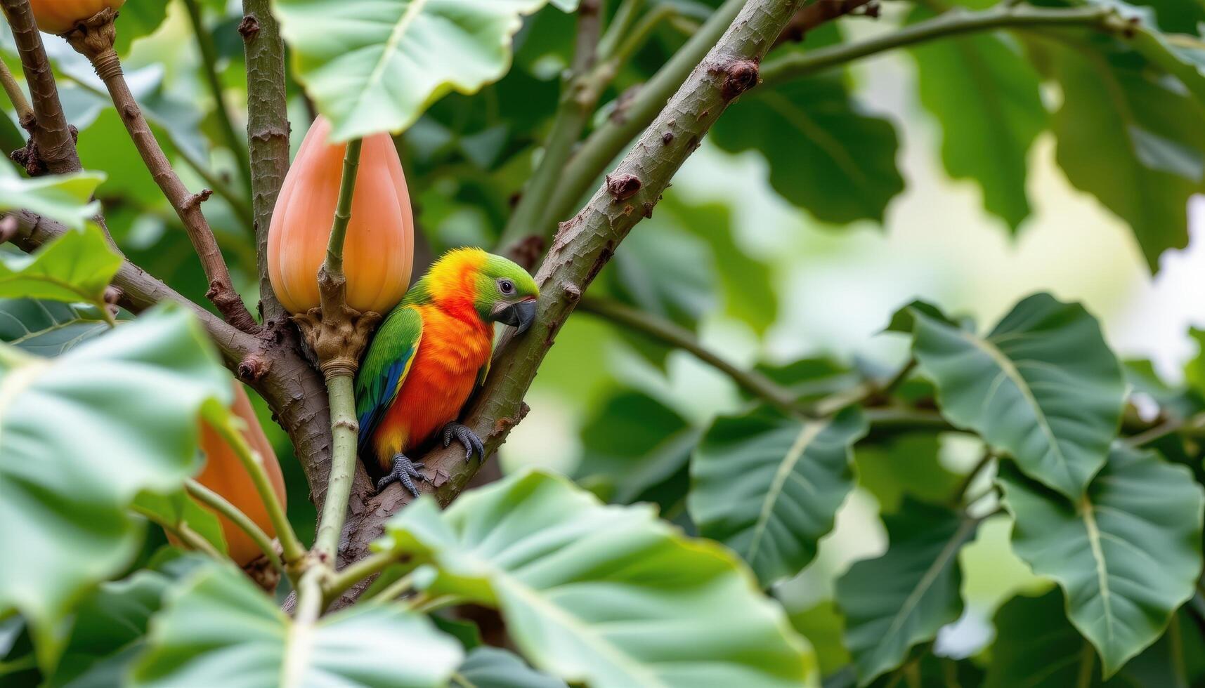 a parrot hiding among papaya trees. photo