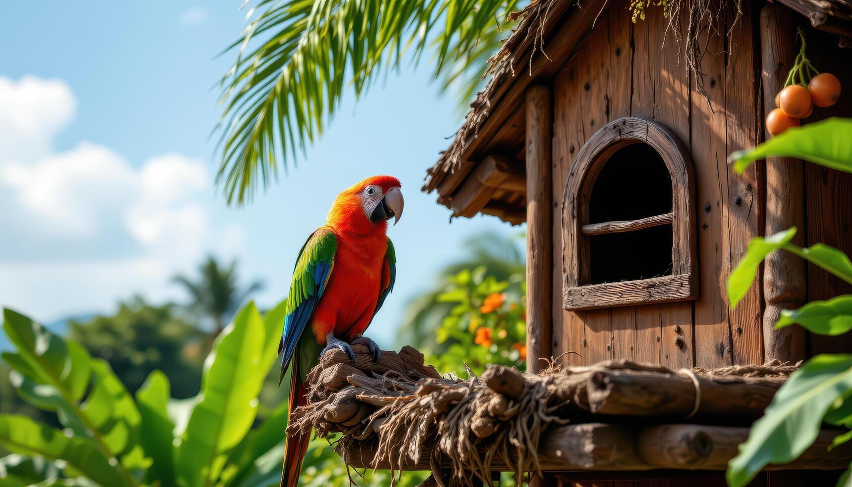 a parrot sitting atop a tropical treehouse. photo