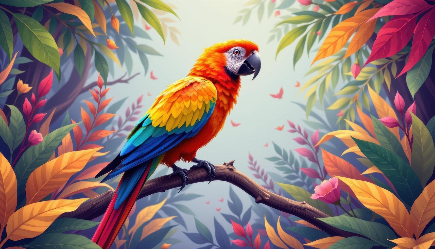 a digital style geometric parrot in a jungle setting. photo