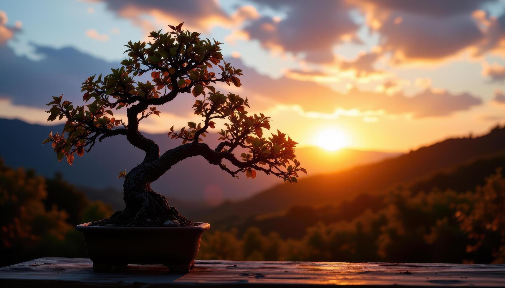 a bonsai silhouette under sunset light. photo