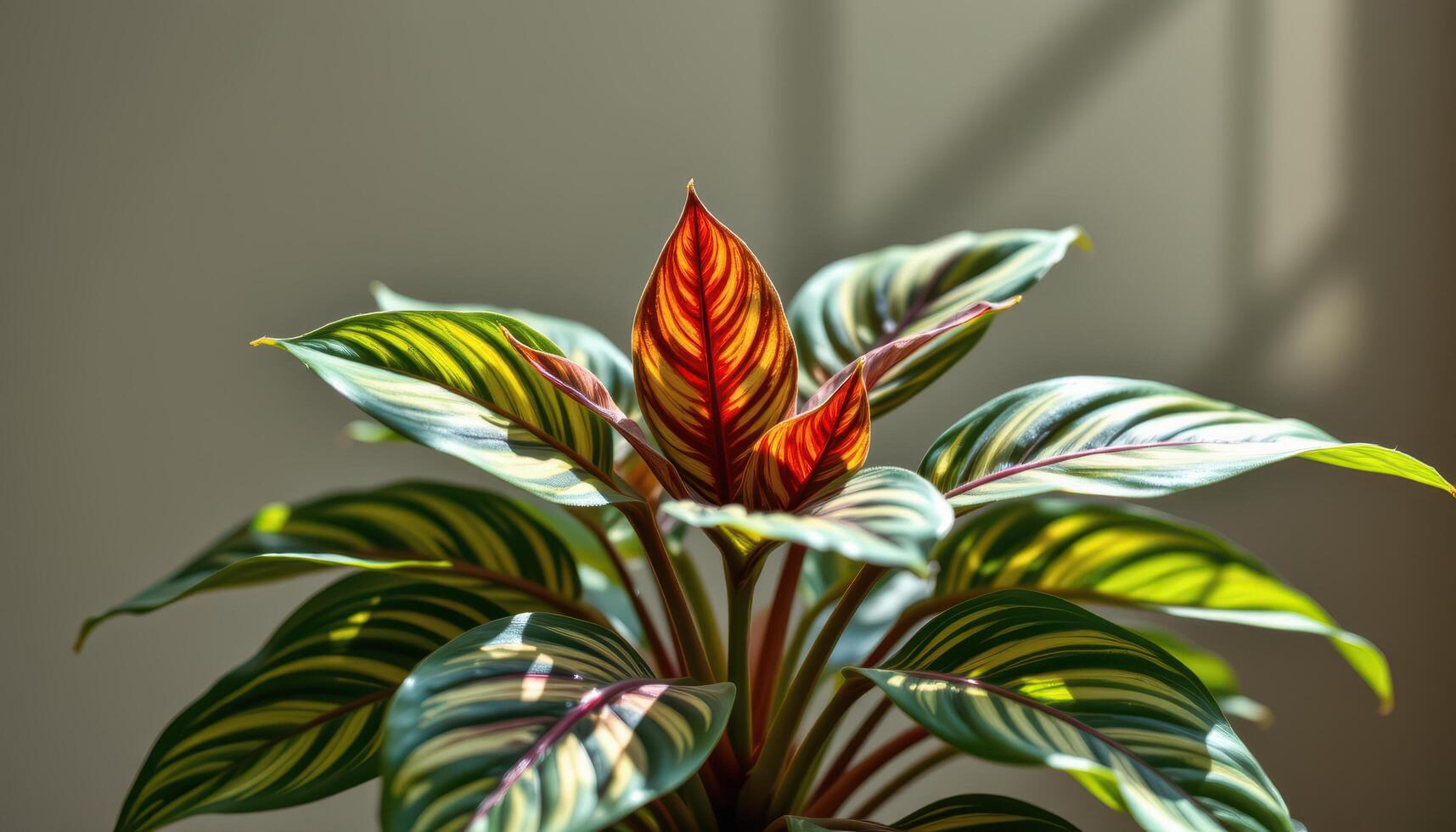 a calathea plant with patterned leaves under spotlight. photo