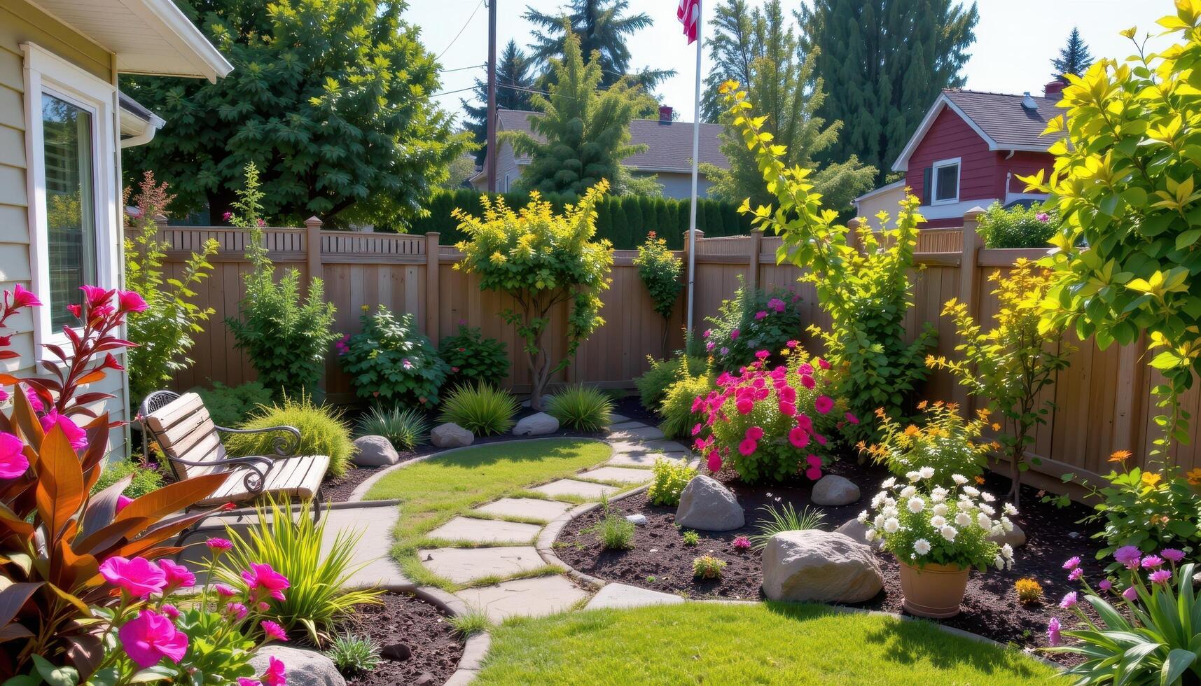 a peaceful backyard with low maintenance ornamentals. photo