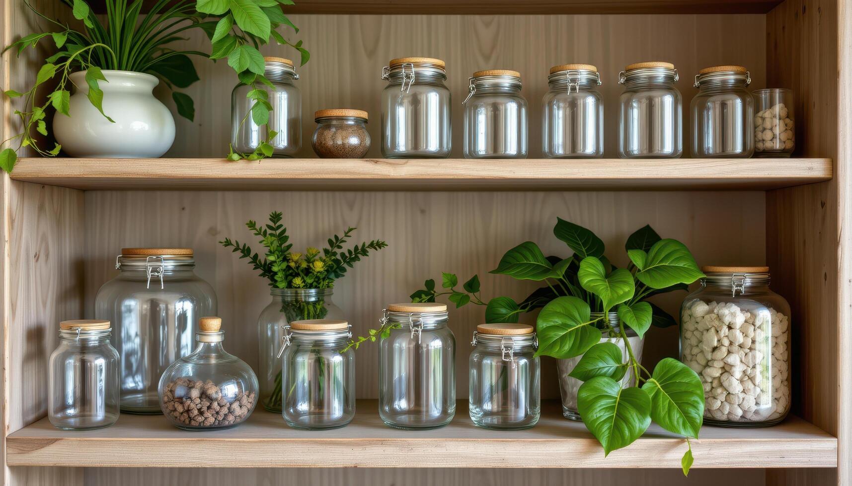 a shelf filled with glass jars and leafy ornamentals. photo