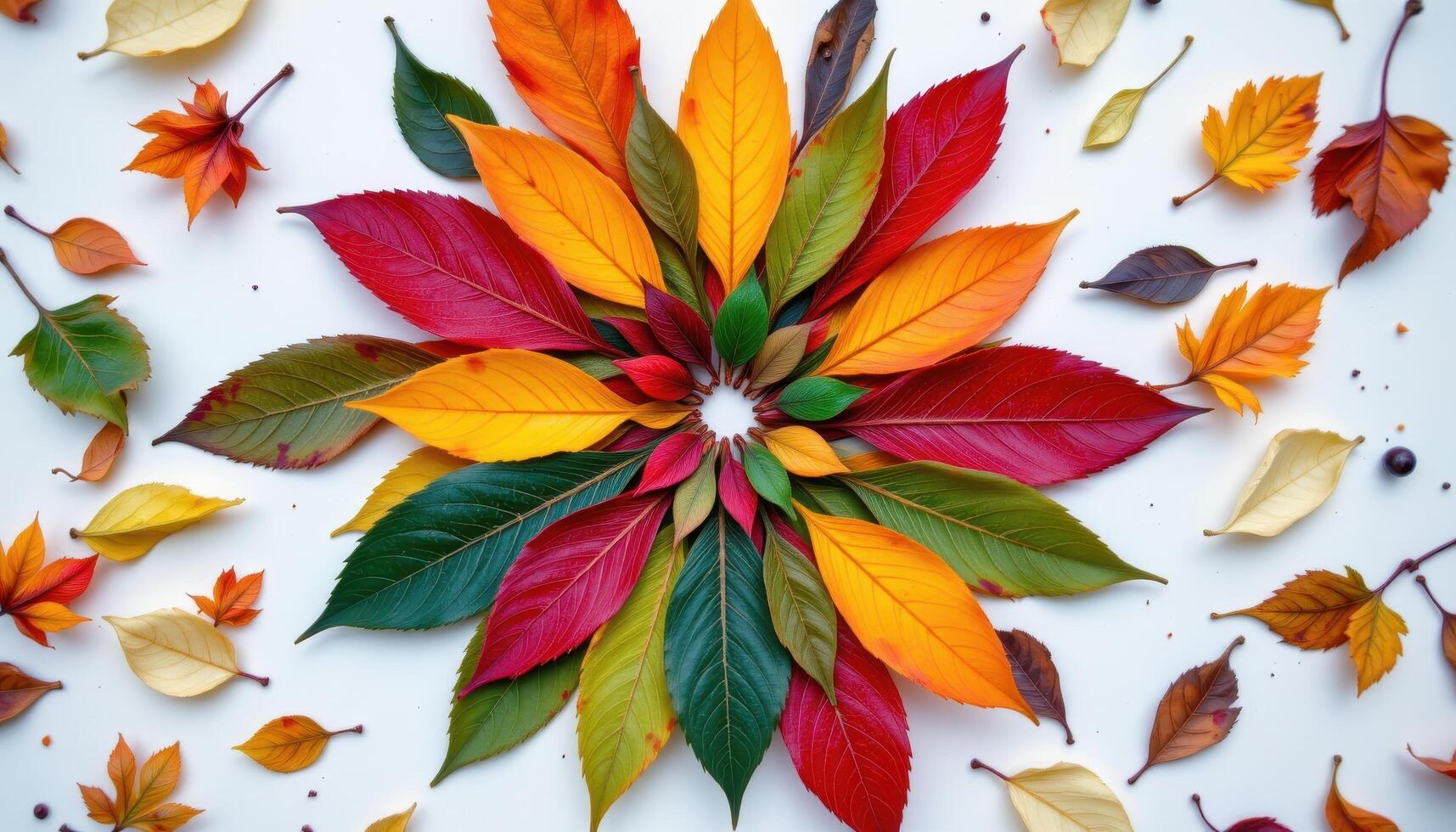 a top down image of leaves forming a spiral color wheel. photo