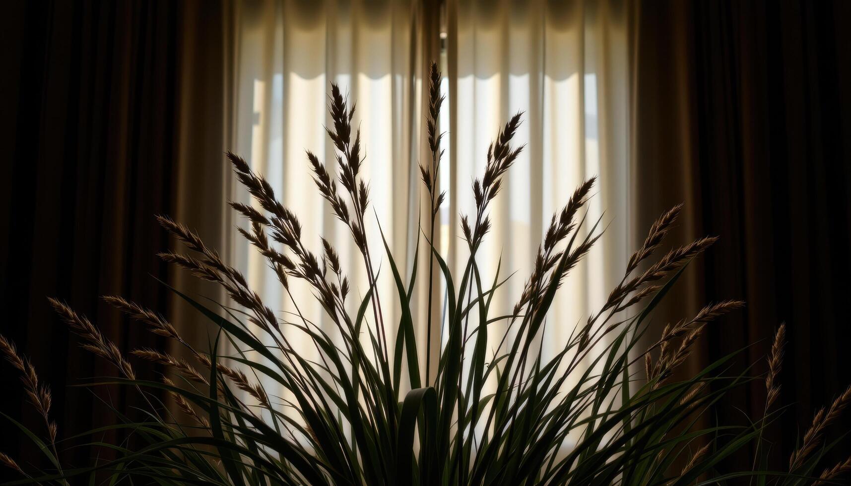 a silhouette of ornamental grass in front of backlit curtain. photo