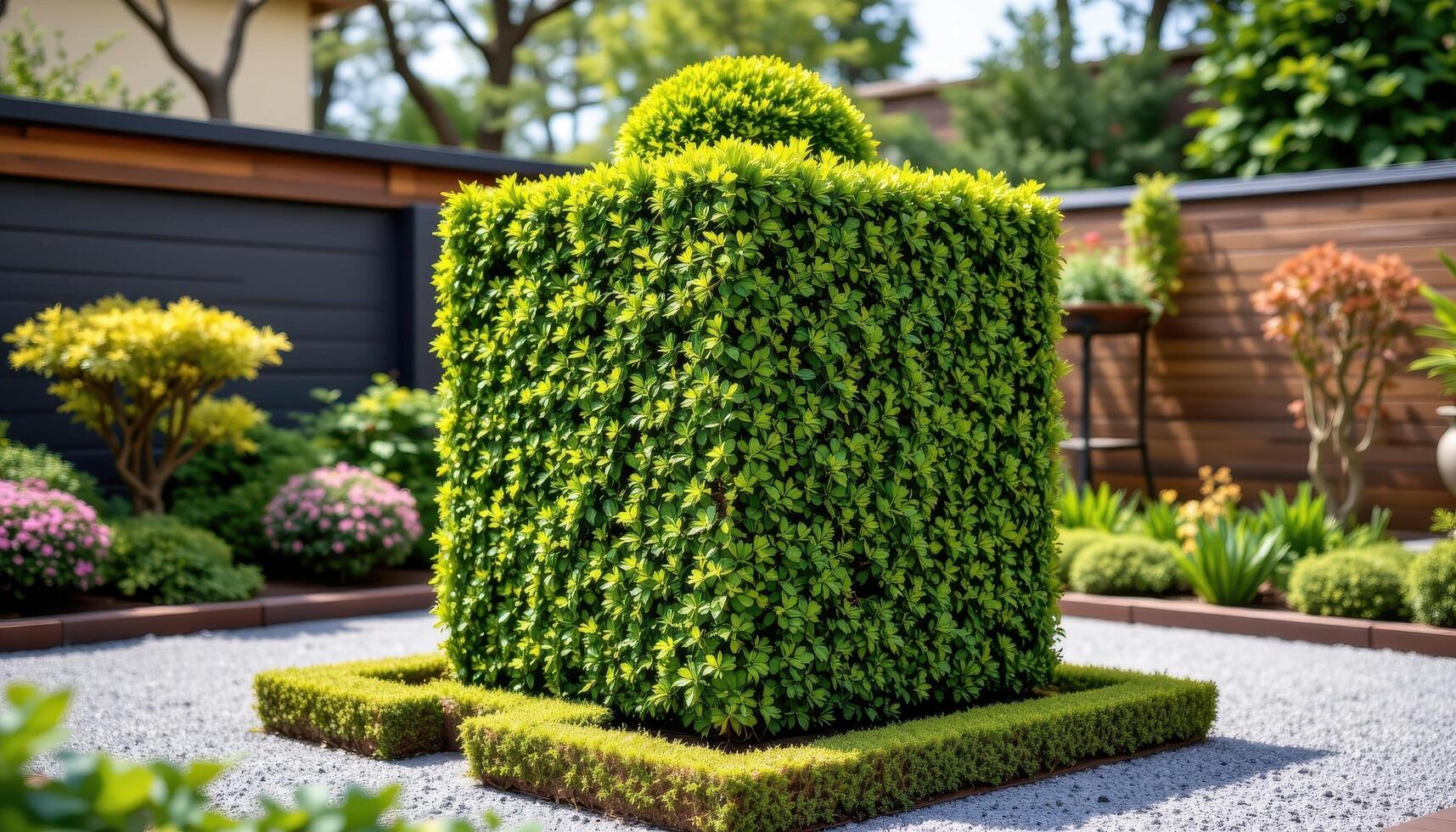 a topiary trimmed into a perfect cube in a zen garden. photo