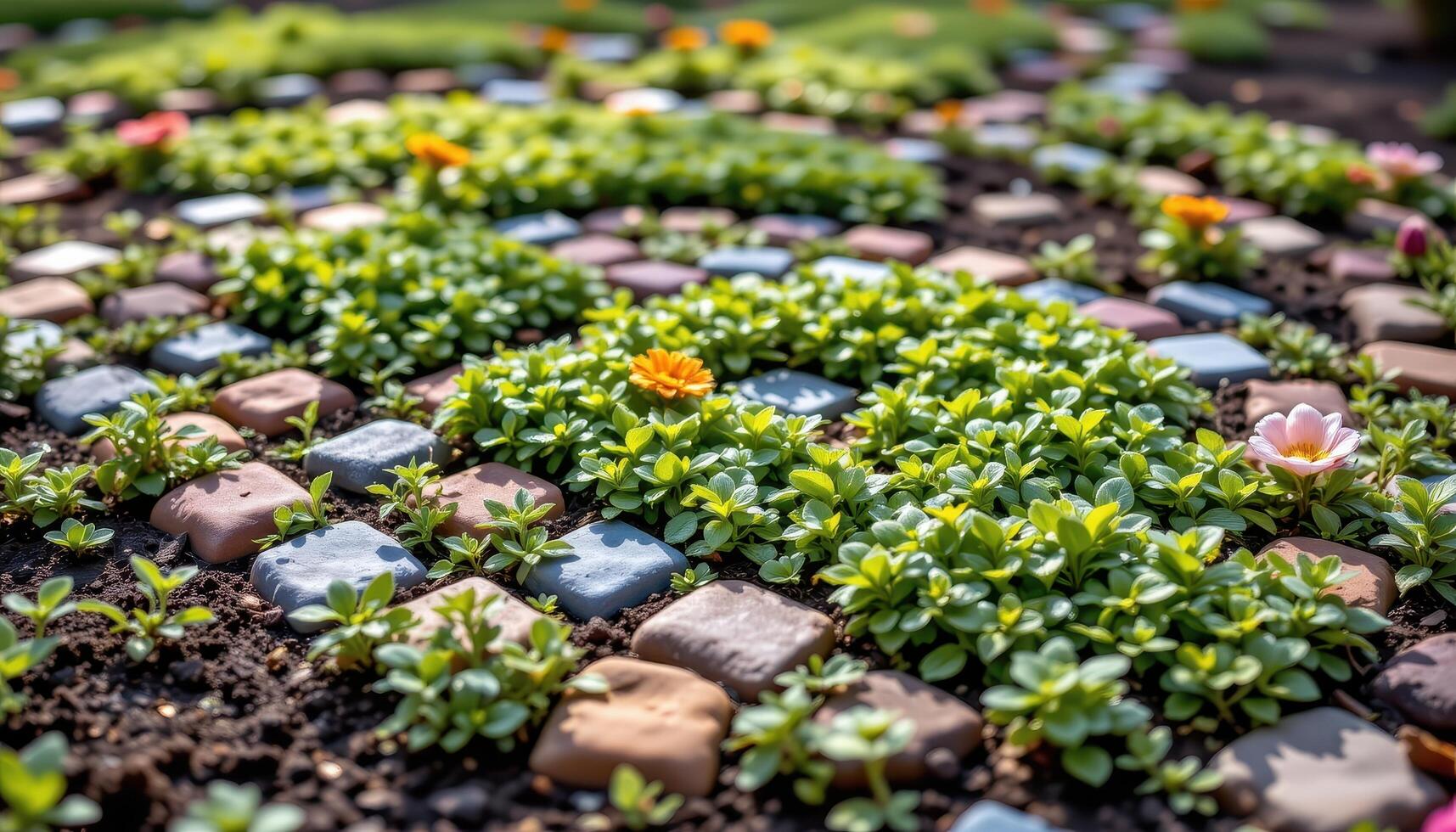 ornamental ground cover creating a mosaic pattern on soil photo