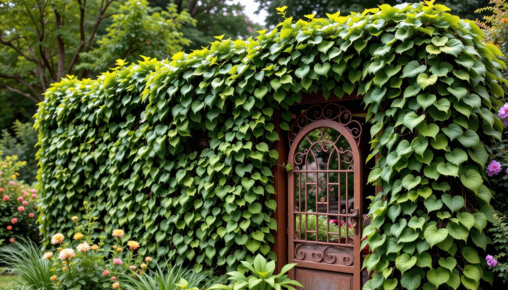 ornamental vines climbing rusted iron structures photo