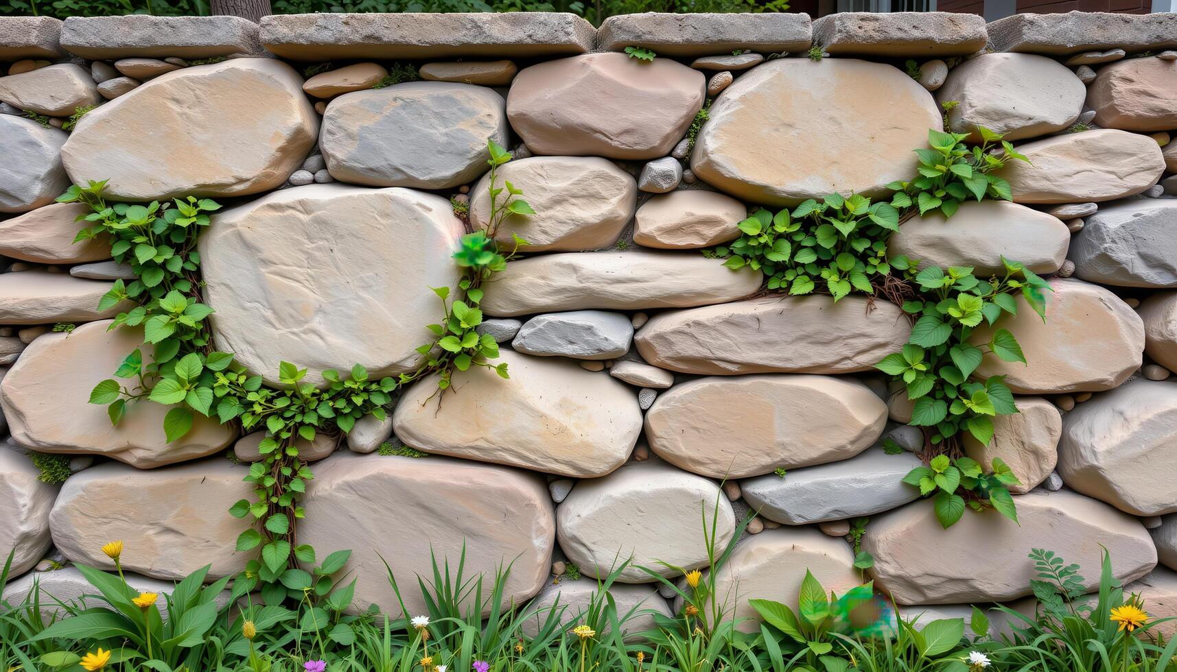 rock wall with ornamental plants growing in vertical gaps photo
