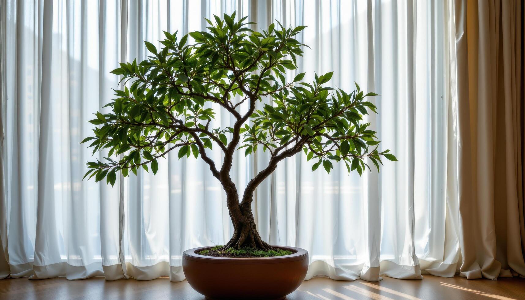 floor planter with dual trunk tree in front of sheer linen drapes photo