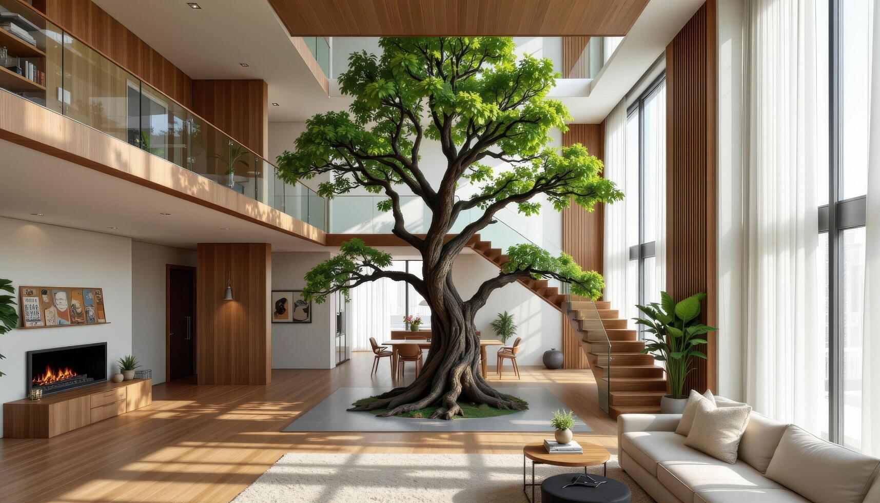 split level interior with an indoor tree rising through both floors photo