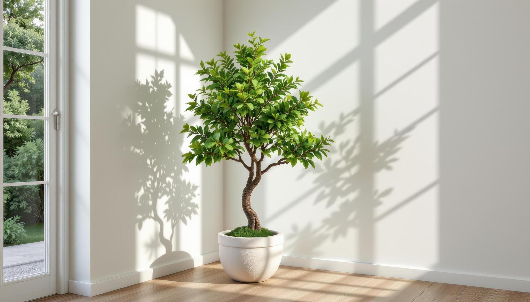 indoor tree in a white stone planter placed in corner shadows photo