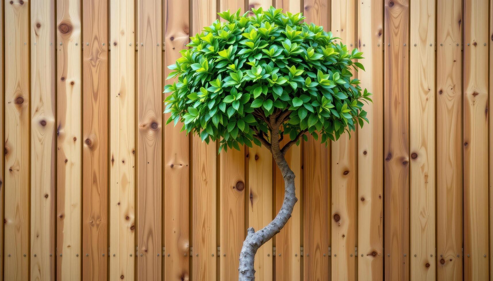 tree positioned against a backdrop of vertical wooden planks photo