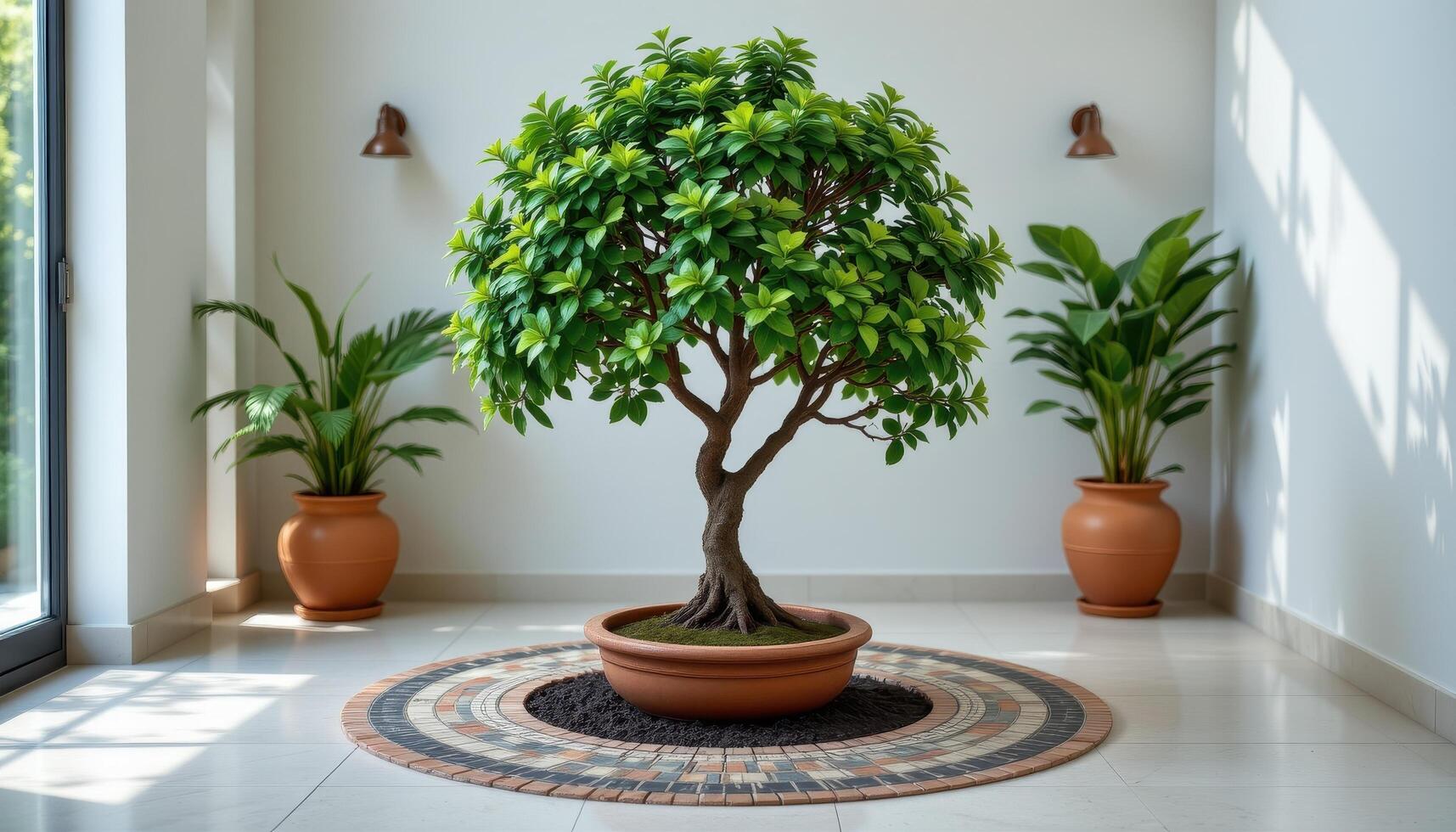indoor tree growing in center of a round mosaic tile floor photo