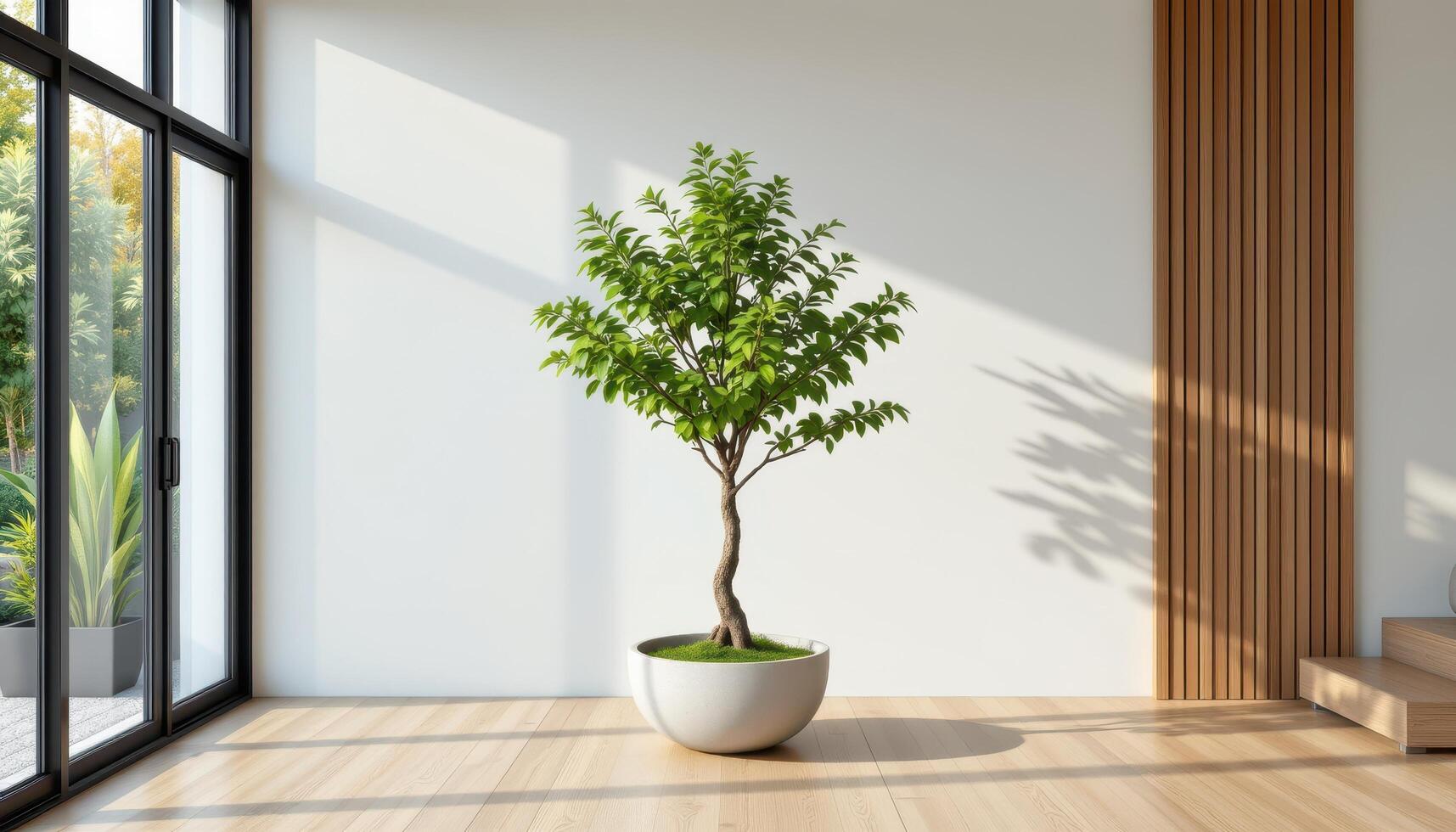 minimalist room with a single indoor tree in a concrete planter photo