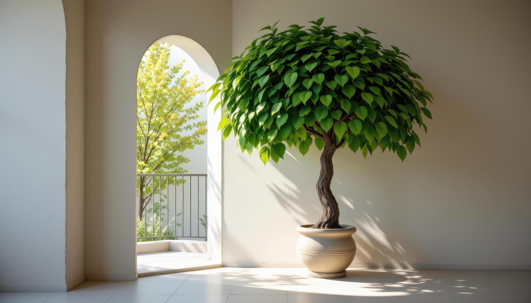potted tree beneath an interior arch lit with sunlight photo